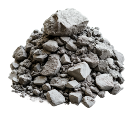 Pile of grey crushed concrete or cement chunks, rugged construction material for building, industrial texture concept isolated on transparent background