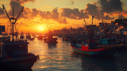 Fototapeta premium Vivid sunset over a bustling harbor with colorful fishing boats