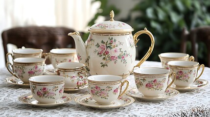 Fototapeta premium Elegant tea set with floral design and gold accents.