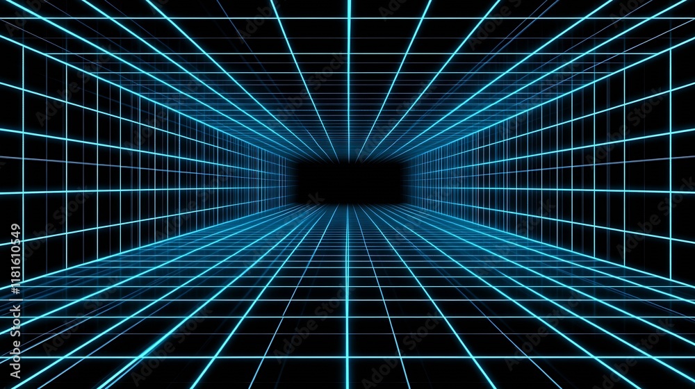 Poster futuristic neon blue grid tunnel with 3d perspective lines vanishing into darkness : generative ai
