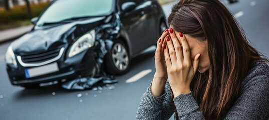 Distraught Woman Involved in a Car Accident, Covering Her Face in distress on the Road