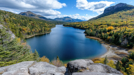 breathtaking scenic overlook of tranquil lake surrounded by mountains and autumn foliage