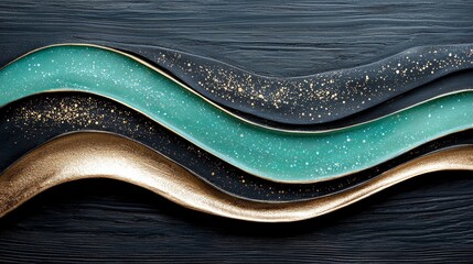 Abstract Wavy Design with Teal Black and Gold on Dark Wood Background