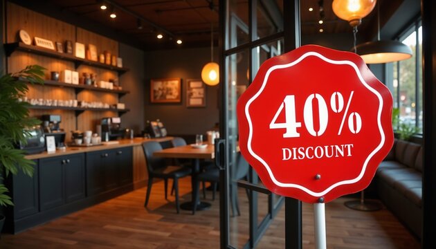 Cozy café with wooden floor, wooden walls, and red 40% discount sign.Cozy café interior. promotion banner. discount offer. casual ambiance.Warmth and comfort. Discount promotion. Cozy atmosphere.
