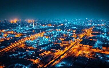 Aerial view of a modern industrial complex at night, with futuristic design, glowing lights, and advanced technology creating a brilliant, illuminated scene