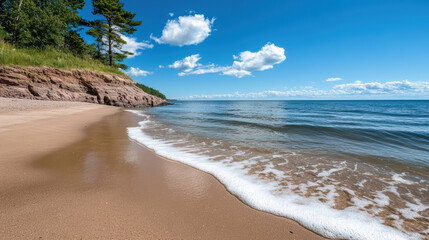 Obraz premium serene beach with gentle waves, clear blue sky, and lush greenery