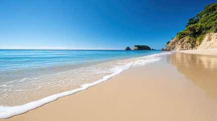 serene beach with soft sand and calm blue waters under clear sky