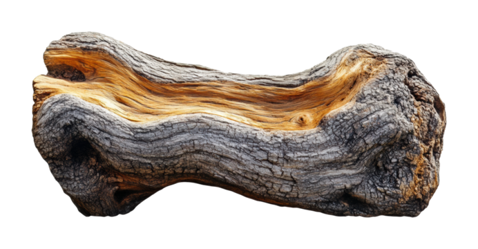 Large weathered driftwood log with detailed knots and grain texture isolated on white. Rustic wooden nature element for design, beach wood texture isolated on transparent background