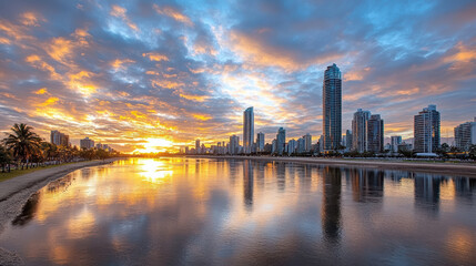 Fototapeta premium stunning city skyline at sunset, reflecting on calm water