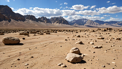 Paysage désertique montagneux sous un ciel partiellement nuageux