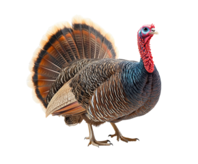 Full turkey side profile, detailed plumage and vibrant red head, wild bird with fanned tail feathers, traditional Thanksgiving symbol isolated on transparent background