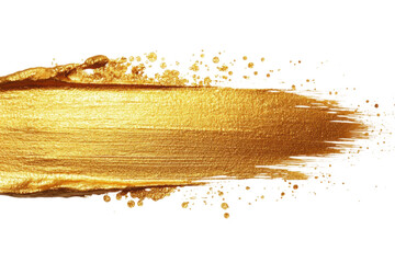 Gold paint brushstroke with textured splatter, artistic abstract brush design, creative shiny golden streak, luxury decorative element isolated on transparent background