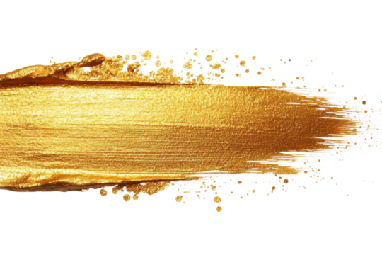 Gold paint brushstroke with textured splatter, artistic abstract brush design, creative shiny golden streak, luxury decorative element isolated on transparent background