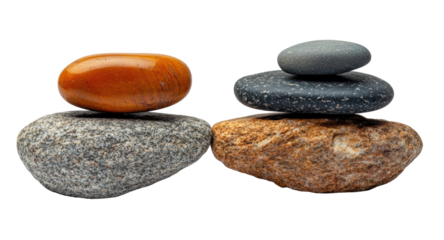 Stack of five smooth stones in brown, white, and gray, natural balance concept for meditation, spa, or relaxation themes isolated on transparent background