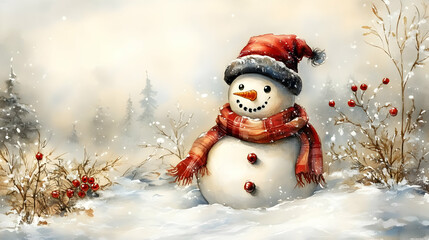 Fototapeta premium Smiling Snowman Enjoys Gentle Snowfall in Winter Wonderland