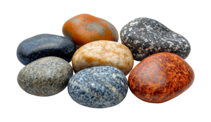 Set of multicolored tumbled stones in diverse shapes and patterns, vibrant polished natural mineral decor and geology art isolated on transparent background