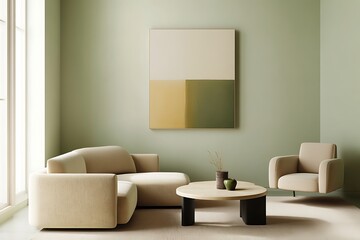A modern minimal living room with soft pistachio walls, sleek beige furniture, and a single, bold abstract painting.