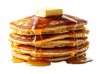 Stack of pancakes with melted butter and maple syrup, classic breakfast food, sweet dessert or brunch treat, golden fluffy texture isolated on transparent background