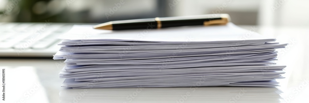 Poster neat white desk with paperwork and a pen, hinting at a busy office. productive and efficient scene w