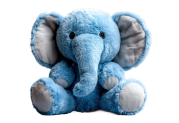 Adorable blue plush elephant toy with big ears, soft texture, cuddly stuffed animal for kids, cute children’s gift, cozy playtime companion isolated on transparent background