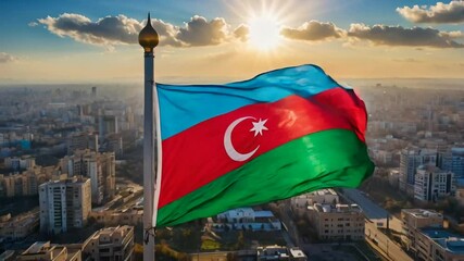 Azerbaijan flag close up fluttering, sunny day, city

