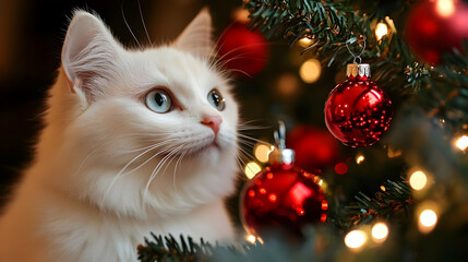 Obraz premium White Cat Observes Red Ornaments on a Decorated Christmas Tree Closeup