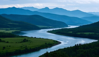 Fototapeta premium Panoramic view of the river and mountains in the distance.