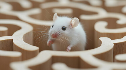 Fototapeta premium White Mouse Explores Wooden Maze: Curiosity, Problem-Solving, and Fun