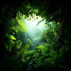 Lush green foliage in serene forest setting.