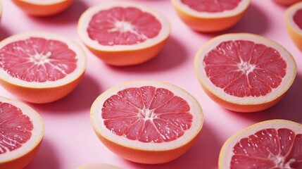 Fresh Pink Grapefruit Halves on a Light Pink Background for Healthy Eating