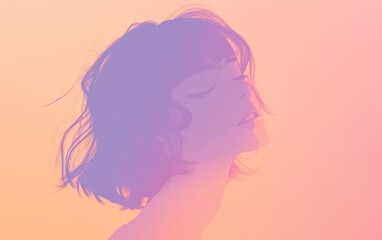 Serene Female Silhouette with Soft Gradient Background in Peach and Purple Tones.