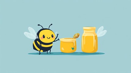 A cheerful cartoon bee with big eyes and a smile, standing next to a jar of honey and a pot of honey.