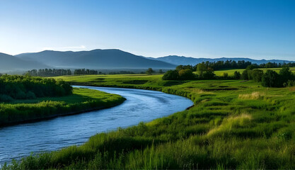 Landscape with river and mountains in the morning.