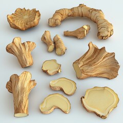 Detailed Collection of Cut and Whole Ginger Roots on Light Background for Culinary and Health Use