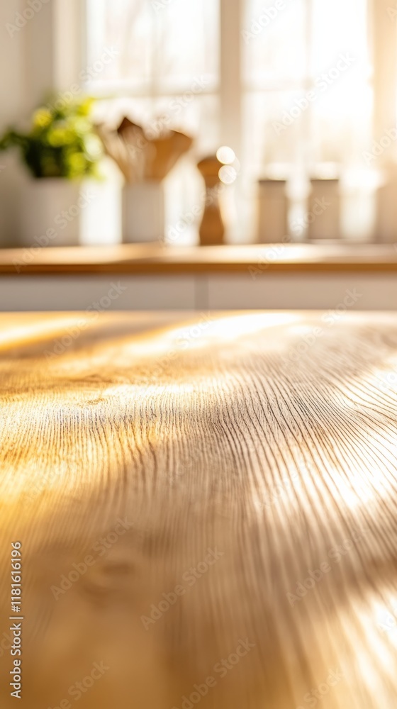 Poster Sunlight illuminating an empty wooden table in a blurred kitchen background, creating a warm and inviting atmosphere, perfect for displaying products or showcasing culinary creations