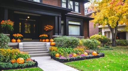 Autumnal Halloween House Decorated with Pumpkins