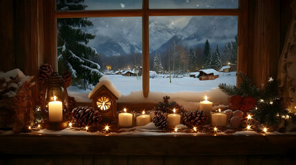 Winter Cabin Candles Glow Warmly with Snowy Village View Beyond