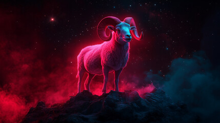 A striking ram stands atop rocks, surrounded by bright cosmic colors in the night sky