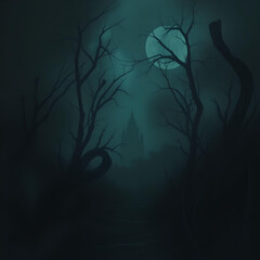 Obraz premium The moon casts an eerie glow on a path leading to a dark castle through a spooky forest.