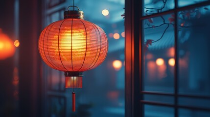 A single Chinese lantern with elegant detailing, emitting a soft glow in a clean and minimalistic setting, highlighting the beauty of Chinese New Year traditions.