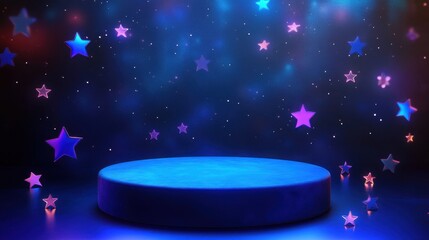 Magical Starry Night Scene with Circular Pedestal Platform, Cosmic Background