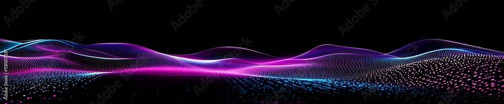 Aufkleber vibrant neon wave patterns in blue and purple on black abstract background : generative ai