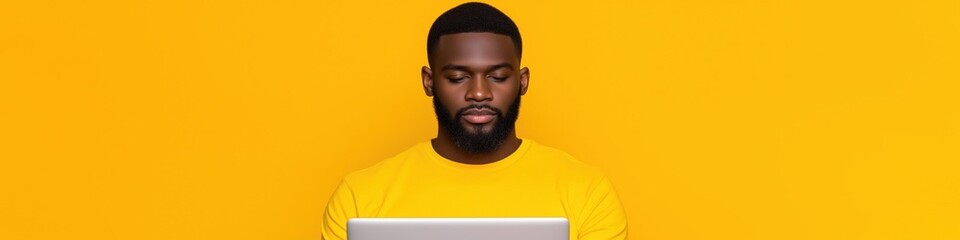 Obraz premium A man is sitting in front of a yellow wall and is using a laptop. He is wearing a yellow shirt and he is focused on his work