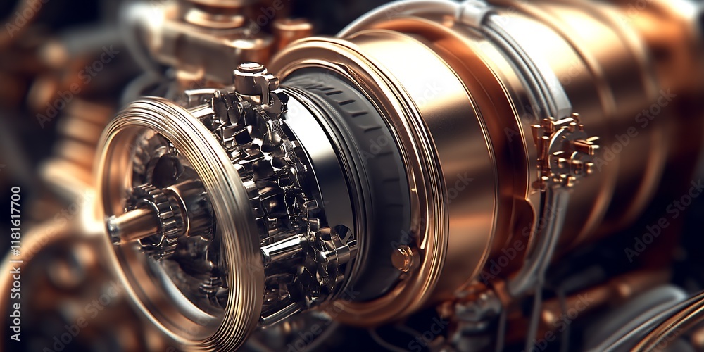 Poster close-up of complex gold and silver machinery components in dynamic industrial scene : generative ai