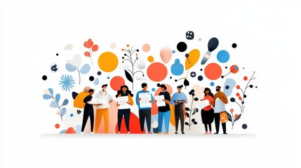 A  illustration of a diverse group of individuals signing up for health insurance at a modern clinic, with paperwork and professional healthcare staff, on white.