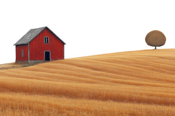 A picturesque red barn on a golden wheat field under a clear sky, symbolizing rural tranquility and farming life in nature's beauty.