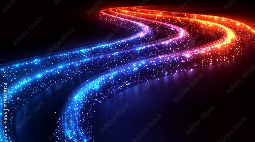 Aufkleber curved vibrant neon light trails creating dynamic abstract pathway : generative ai