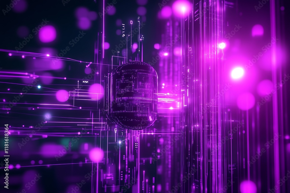 Poster abstract futuristic purple digital design with bright neon lines and sci-fi elements : generative ai