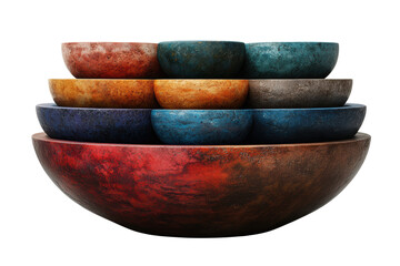 A stack of colorful bowls in various sizes, resembling a rustic and artistic design, ideal for...