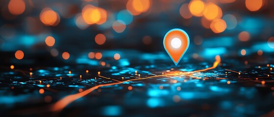 A glowing location pin on a city map, surrounded by a blue and orange color scheme with blurred lights in the background.